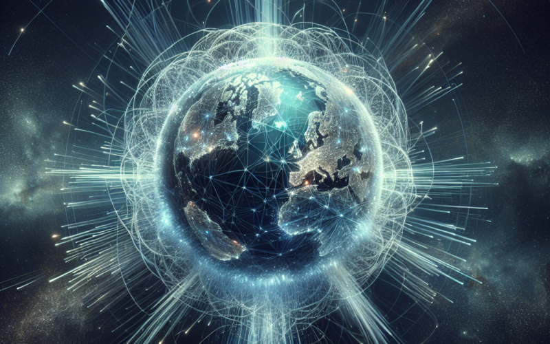 A digital illustration of Earth surrounded by glowing network lines and connections in a cosmic background.