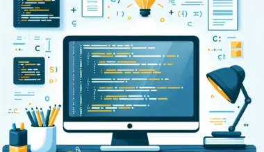 Illustration of a computer desk with coding elements, a lamp, and stationery items.