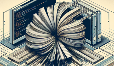 An abstract illustration depicting a swirling mass of data and coding elements emerging from computer screens.