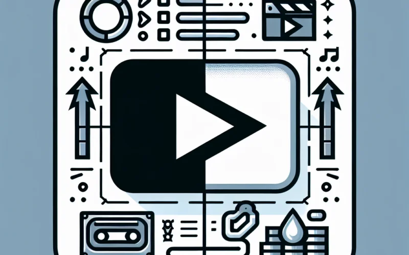 Graphic representation of a play button surrounded by multimedia icons and design elements.