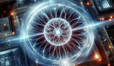 Abstract digital design featuring a central circular pattern with glowing lines and circuit-like elements.