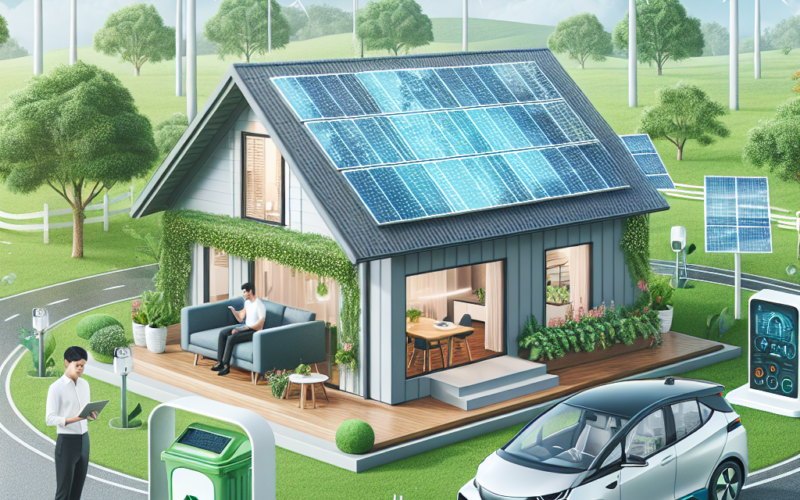 A modern house equipped with solar panels, an electric car, and recycling station in a green landscape with wind turbines.