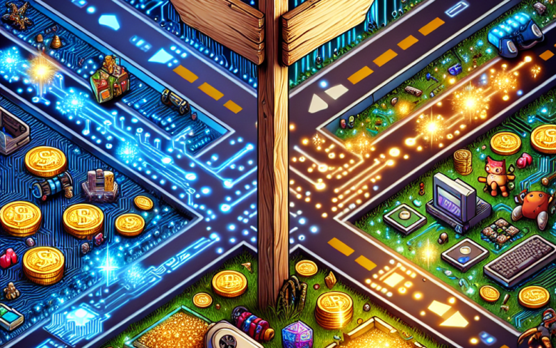 Illustration of a digital crossroads featuring gaming controllers, coins, and various tech elements.
