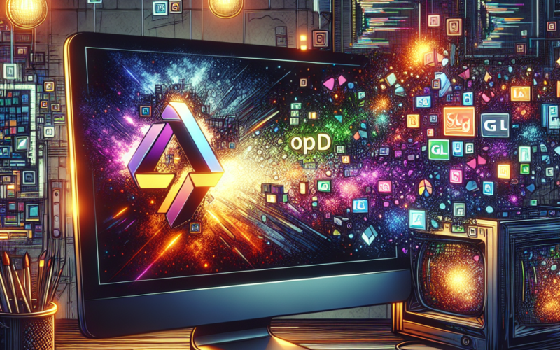 A desktop computer displaying vibrant digital graphics with various app icons and colorful bursts of light.