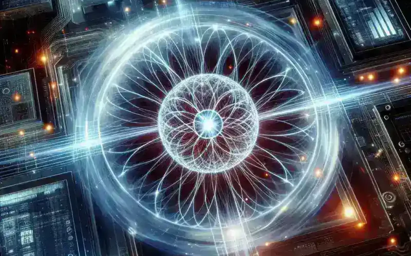 Abstract representation of digital technology with intricate patterns and glowing elements in a dark background.