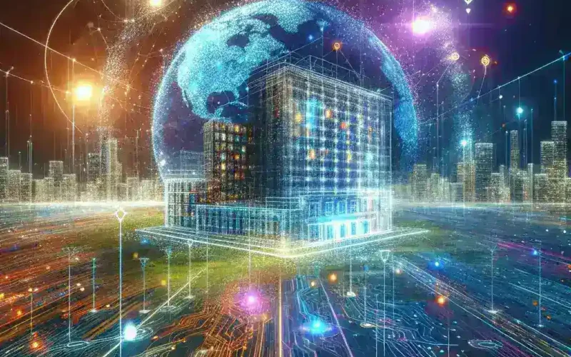 "High-tech real estate API interface on a digital screen, showcasing property data analytics and market intelligence tools, illustrating the transformation in property technology."