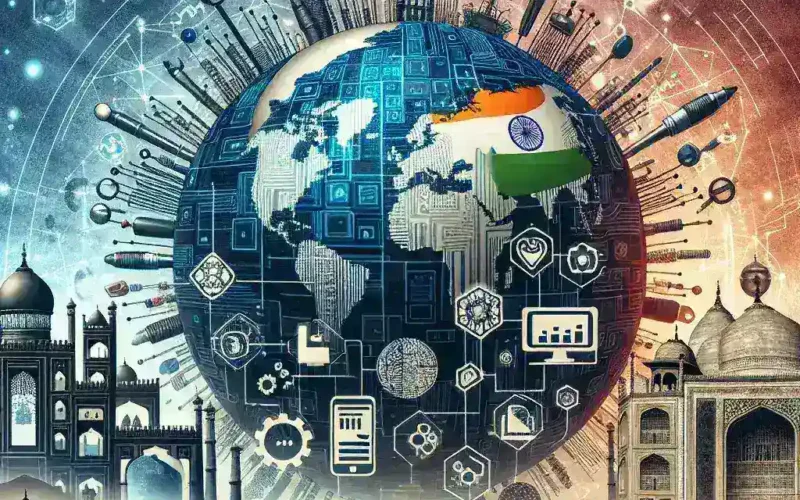 "India's Tech Regulation Model: A government official discussing innovative tech policies at a conference, symbolizing India's evolving approach to digital governance and its implications for global standards."