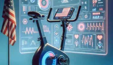 "Peloton bike screen displaying AI-powered injury prevention analytics for U.S. riders, highlighting personalized performance metrics and safety recommendations."