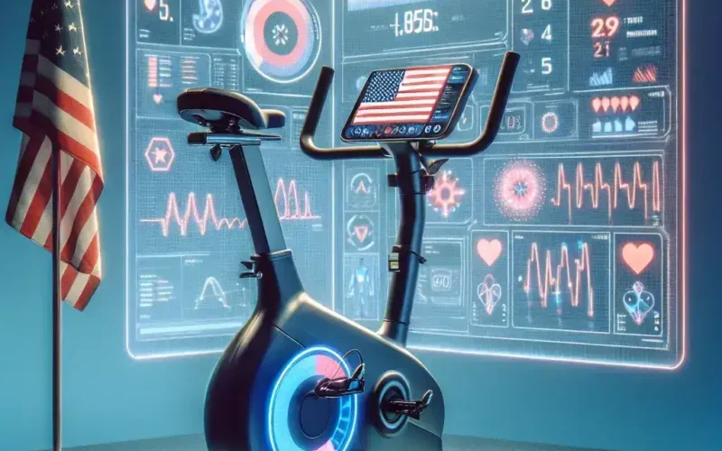 "Peloton bike screen displaying AI-powered injury prevention analytics for U.S. riders, highlighting personalized performance metrics and safety recommendations."