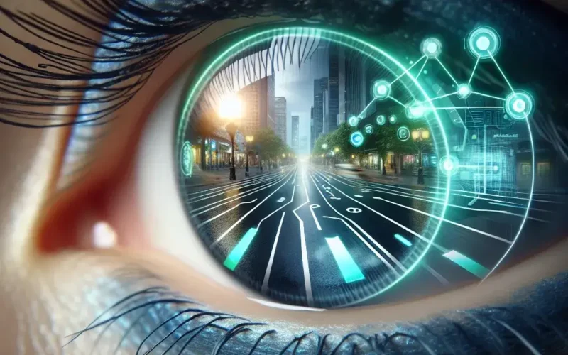 "Samsung smart contact lenses for augmented reality navigation displayed on a futuristic blue background, showcasing innovative AR technology for intuitive navigation solutions."
